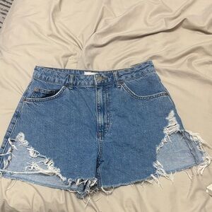 Topshop Blue Frayed Jean Shorts